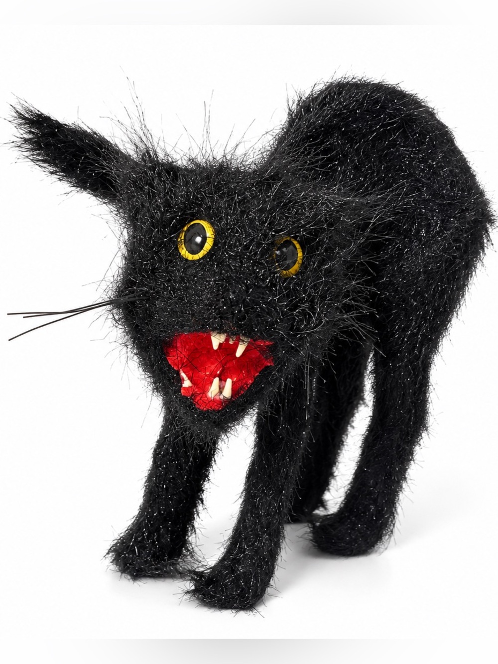 Vintage Halloween Black Cat Figure Spooky Flocked Decoration Scared Cat Decor